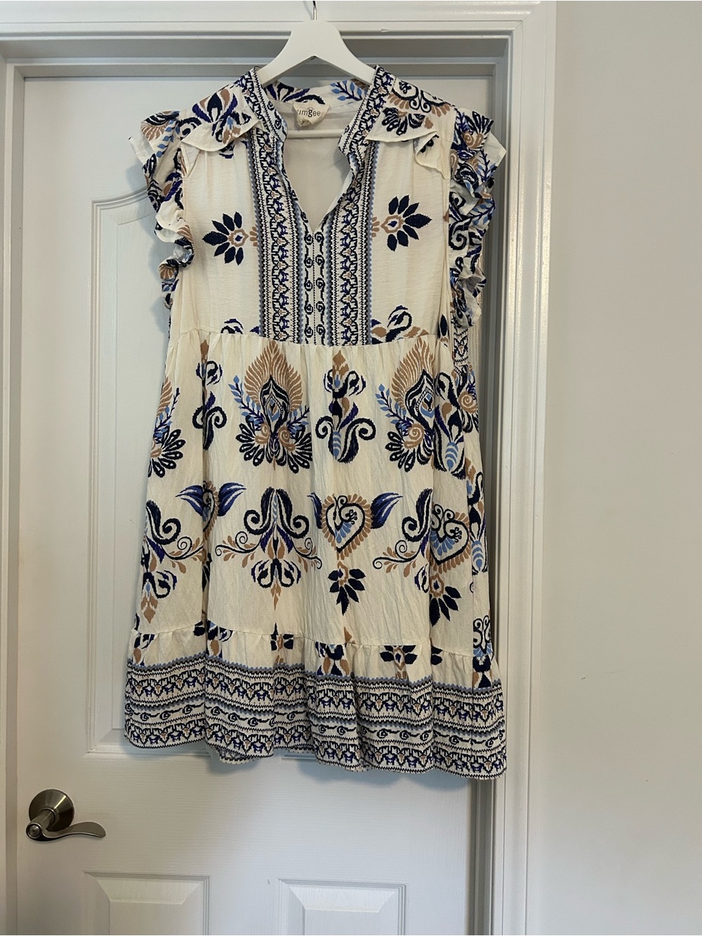 Umgee Cream Dress with Navy and Tan Floral Print
